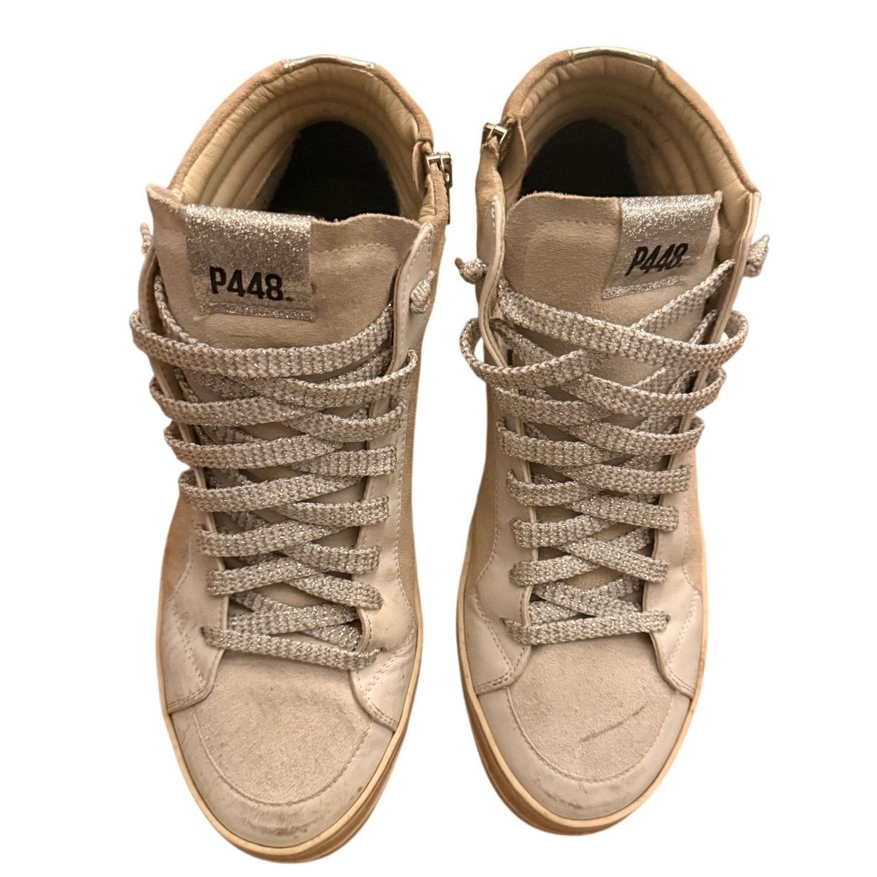 P448 High Top Sneakers Zip Lace Glitter Tongue Cream Size 42